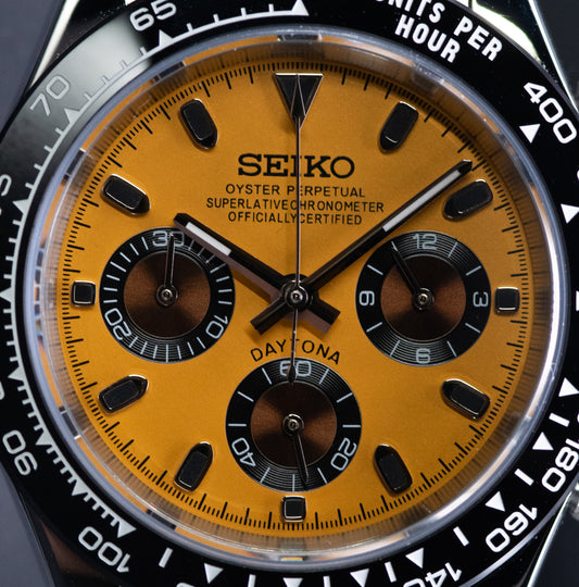 Stop Light Yellow Seiko Daytona homage watch with copper sub dials.